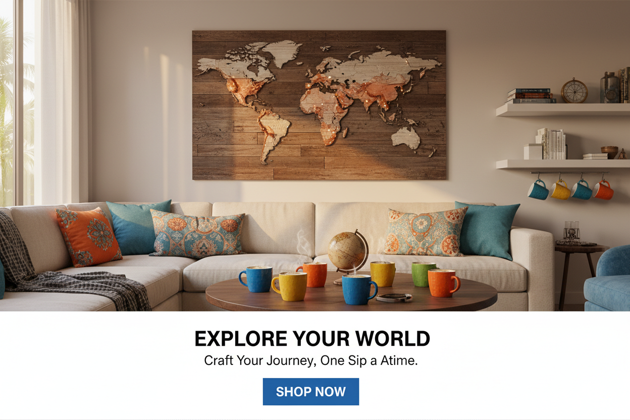 Living room with world map and coffee mugs theme